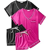 Ekouaer 2 Pack Silk Pajamas for Women Short Sleeve Satin Pj Set Soft V neck Sleepwear Loungewear, S-XXL