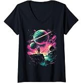 Womens Astronaut Outer Space Galaxy Universe Planet Saturn Science V-Neck T-Shirt