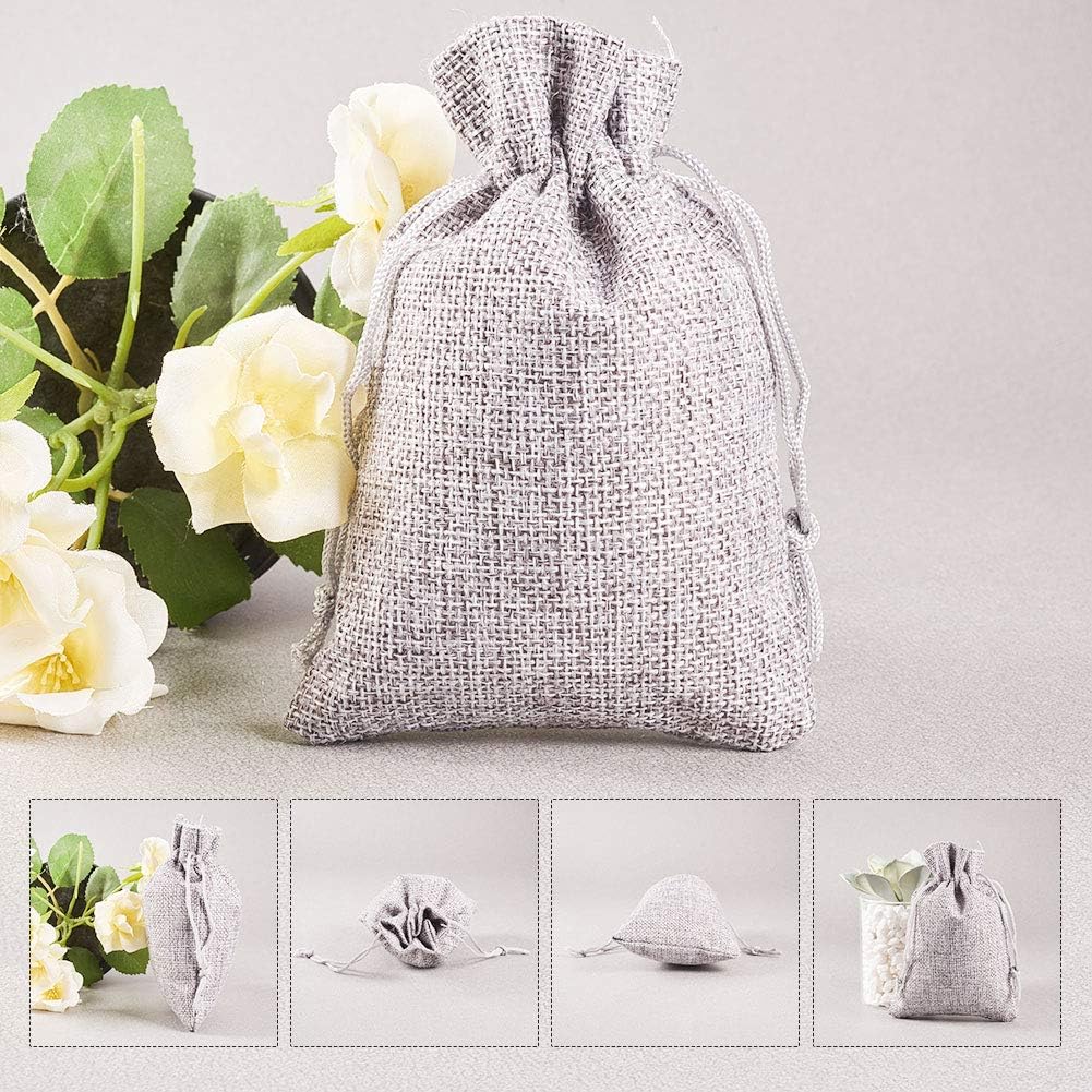 NBEADS 50 Pcs Burlap Gift Bags with Drawstring Wedding Jute Sacks Jewelry Pouches for Wedding Party and Diy Craft Gray - Image 5