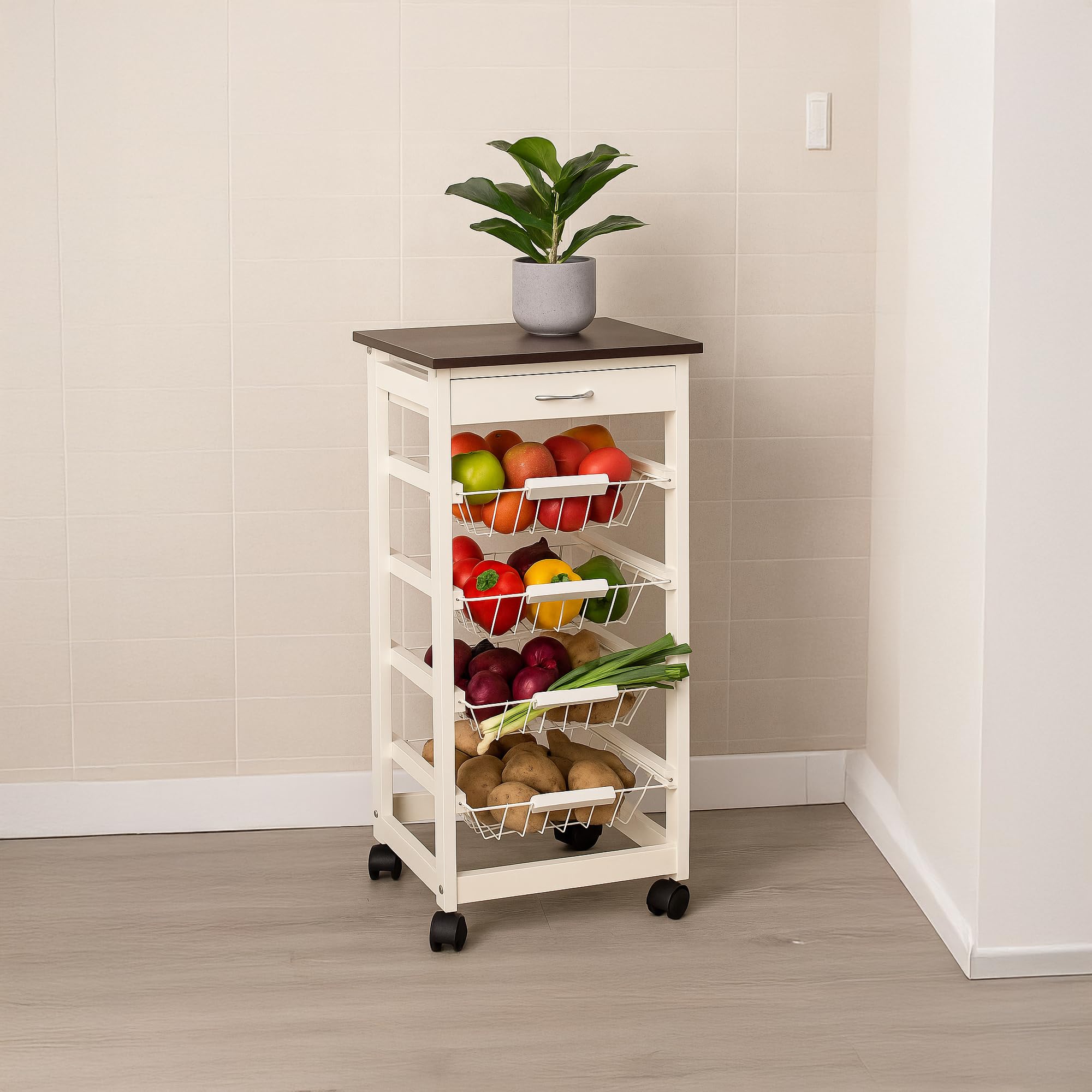 Chef Vida 4 Tier Kitchen Trolley Cart Storage Baskets Drawer, Pine, White & Black, 81 x 37 x 37 cm