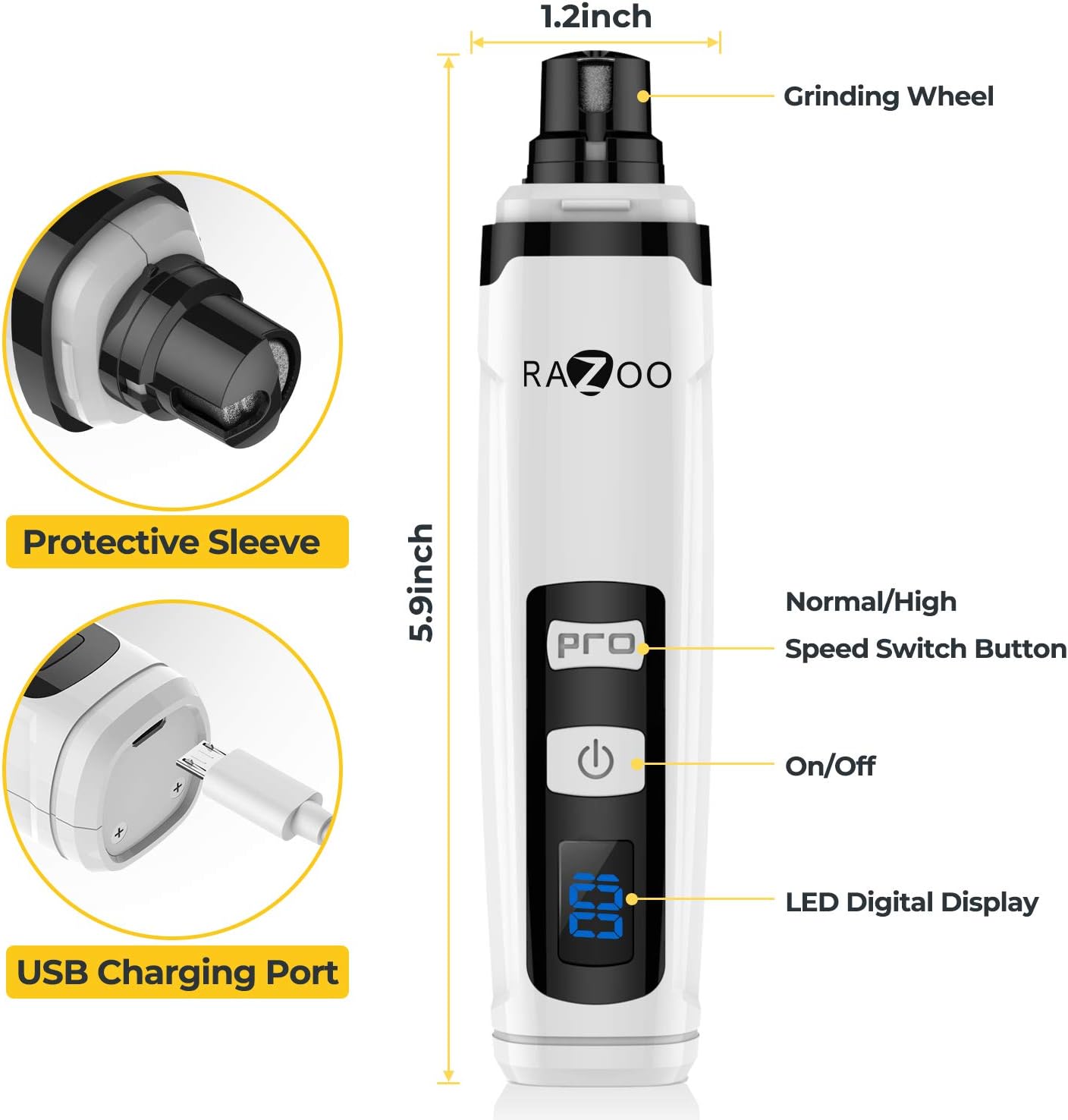 Razoo Dog Nail Grinder with Two Speed & Three Ports – Rechargeable Electric Pet Nail Trimmer for Cats, Large, Medium & Small Dogs – Low Noise & Quiet – Painless Paw Smoothing, Grooming, Trimming Tool