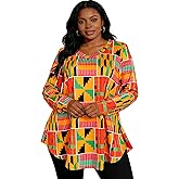 Sinono African Dashiki Top for Women - Boho Long Sleeve V Neck Loose Tunic with Ethnic Print