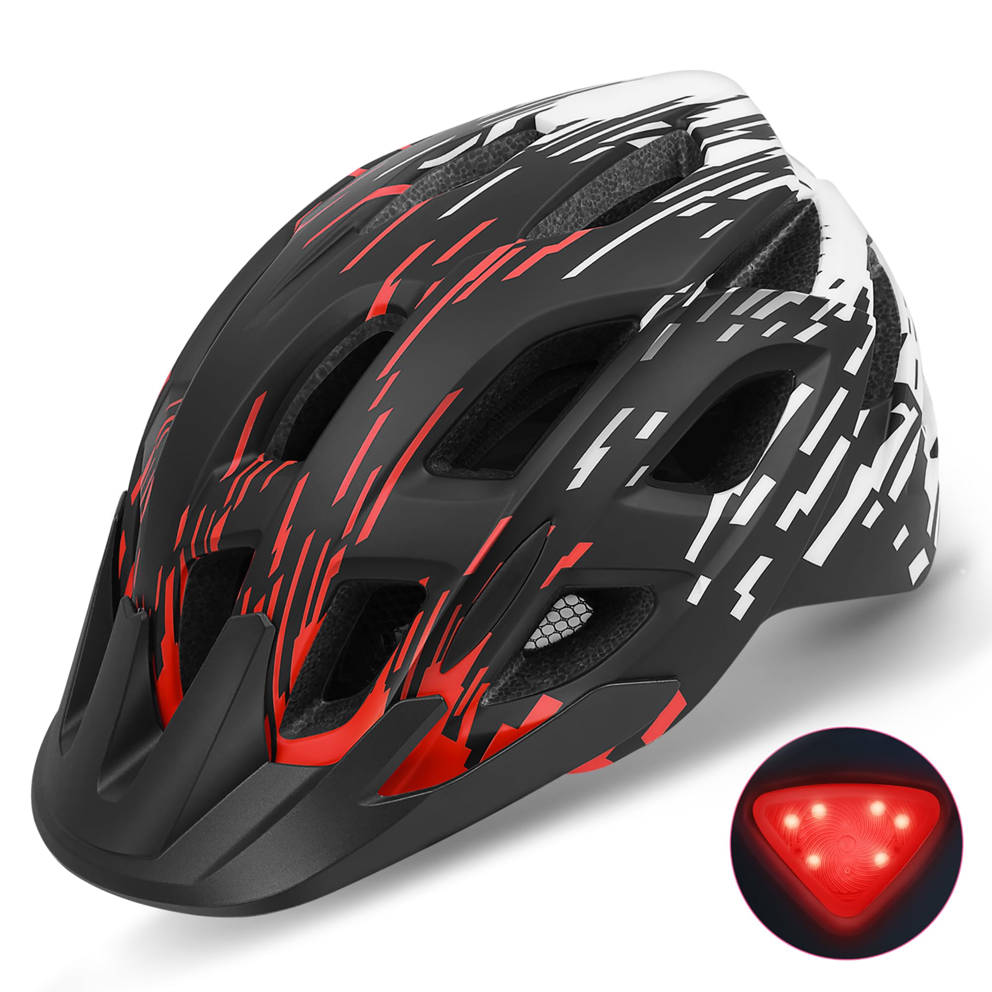 Bike Helmet, Lightweight Bicycle Helmets with Tail Light & Detachable Visor, 21 Vents Cycling Helmet for Adults, Mountain & Road Cycle Helmet for Men Women Adjustable Size 57-61cm (Black+Red)