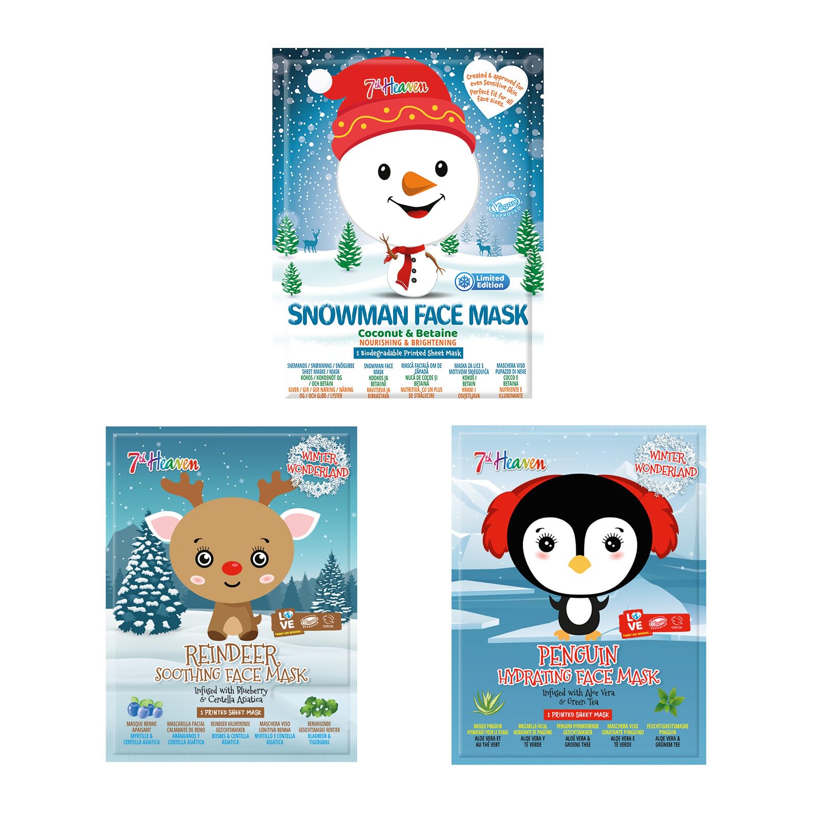 7th Heaven Winter Wonderland Face Mask Bundle with Reindeer, Penguin and Elf Design Sheet Masks to Soothe, Hydrate and Nourish Skin (Ages 8+)