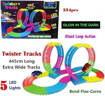 Stager Flexible and Bendable Glow in The Dark Twister Track Toy Set with LED Lights Racing Car (134 PCS)