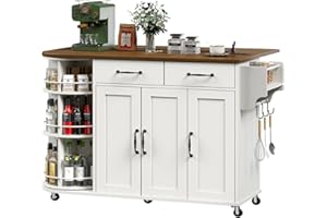 RALGEND Kitchen Island with Power Outlet & Drop Leaf, Kitchen Rolling Island with Rotating Organizer, Kitchen Island Cart with Storage Cabinet, Mobile Island Table for Kitchen, White and Walnut