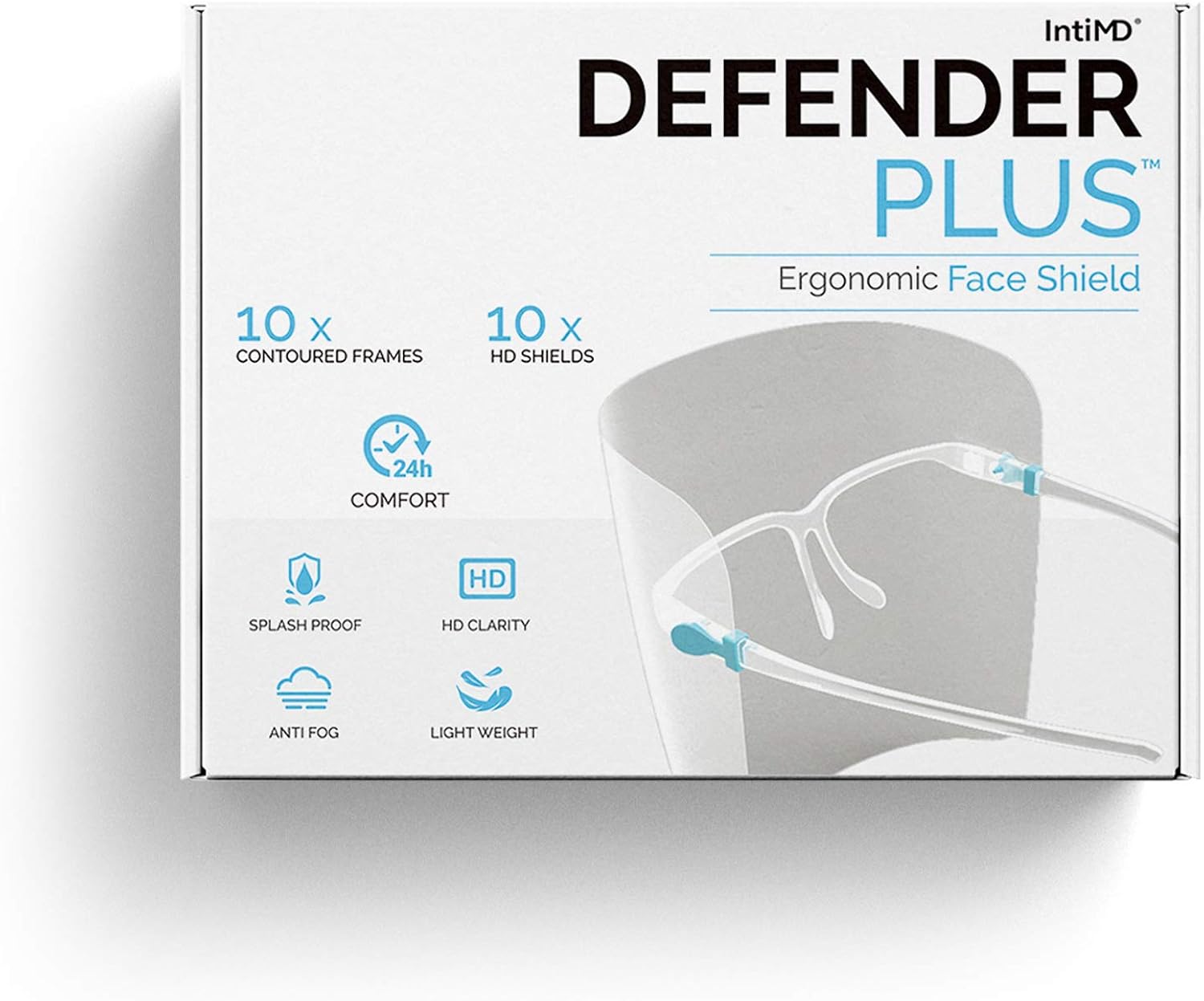 Safety Full Face Shield Mask DEFENDER PLUS (10 Frames and 10 Shields) Ergonomic Frame Goggle Eye Glasses Compatible Anti Fog Free All-Day Comfort Splash Droplet Bodily Fluid Protect: Clothing