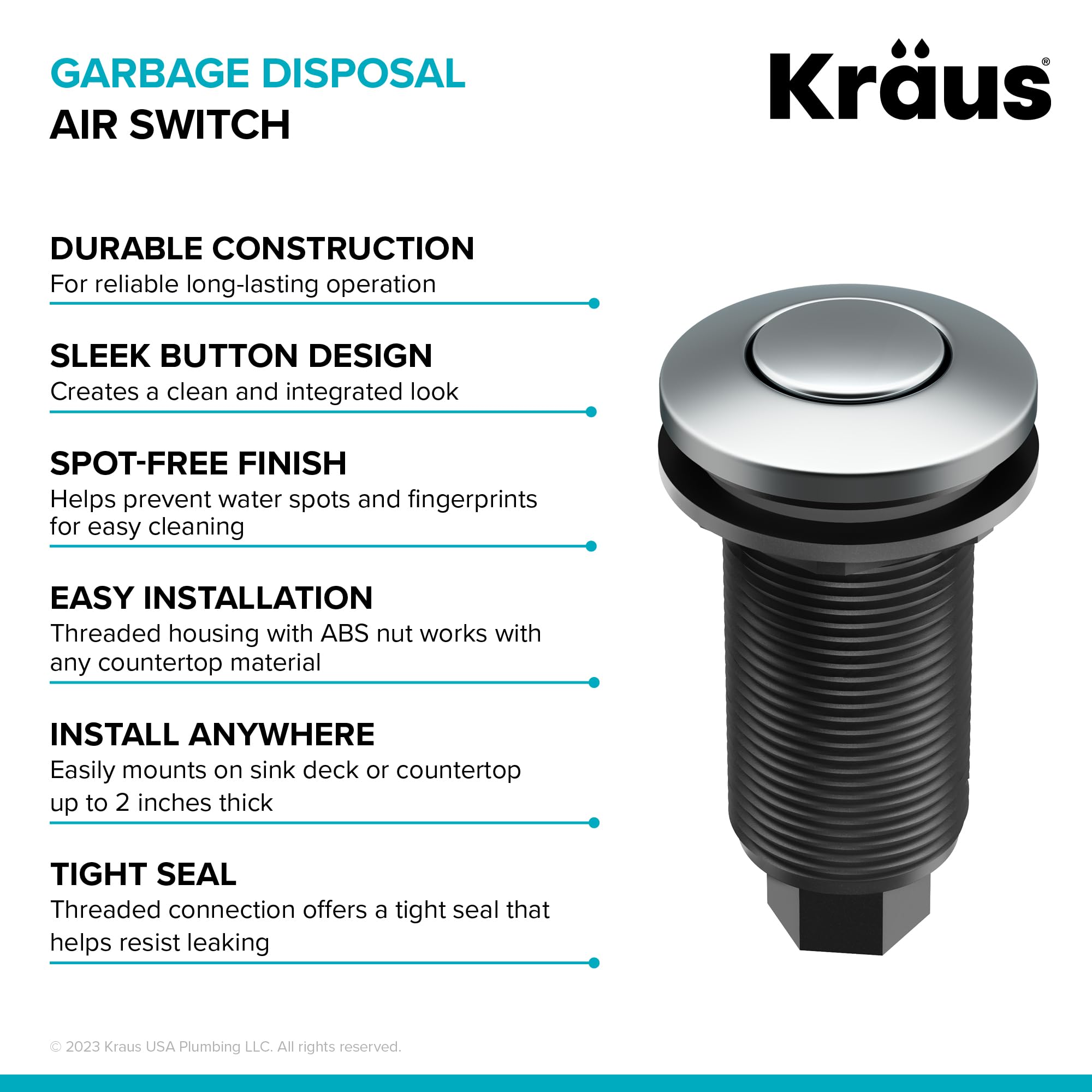 KRAUS Garbage Disposal Air Switch Kit in Chrome with Push Button, AC Adapter, Power Cord, and Air Tube Included, KWDA-100CH