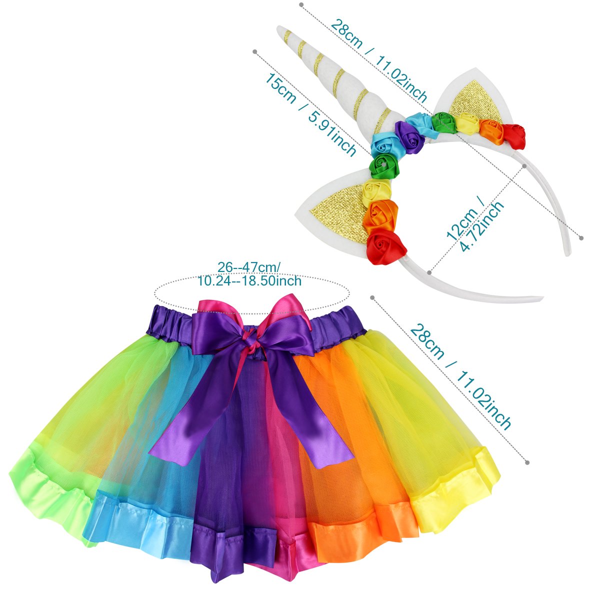 Rocita Girls\' Rainbow Tutu Skirt Colorful Pleated Gauzy Princess Dress With Unicorn Cat Ear Hair Clasp (Rainbow, L)