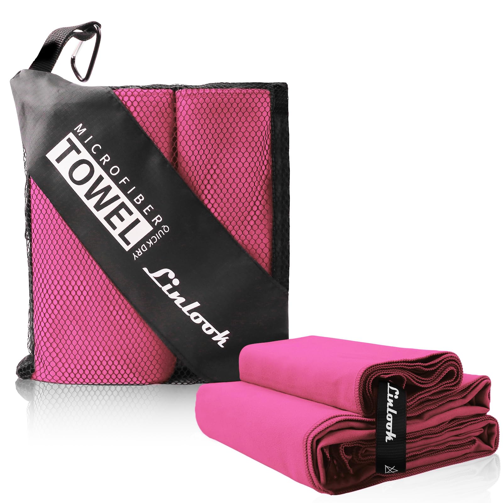 Linlook Microfibre Sports Towel Set (180 x 80 cm Large + 100 x 50 cm Small) - Quick Drying, Super Absorbent, Pink