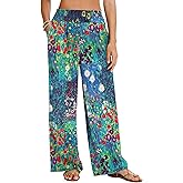 LOMON Womens Elastic High Waisted Palazzo Pants Casual Wide Leg Long Beach Vacation Trousers with Pockets