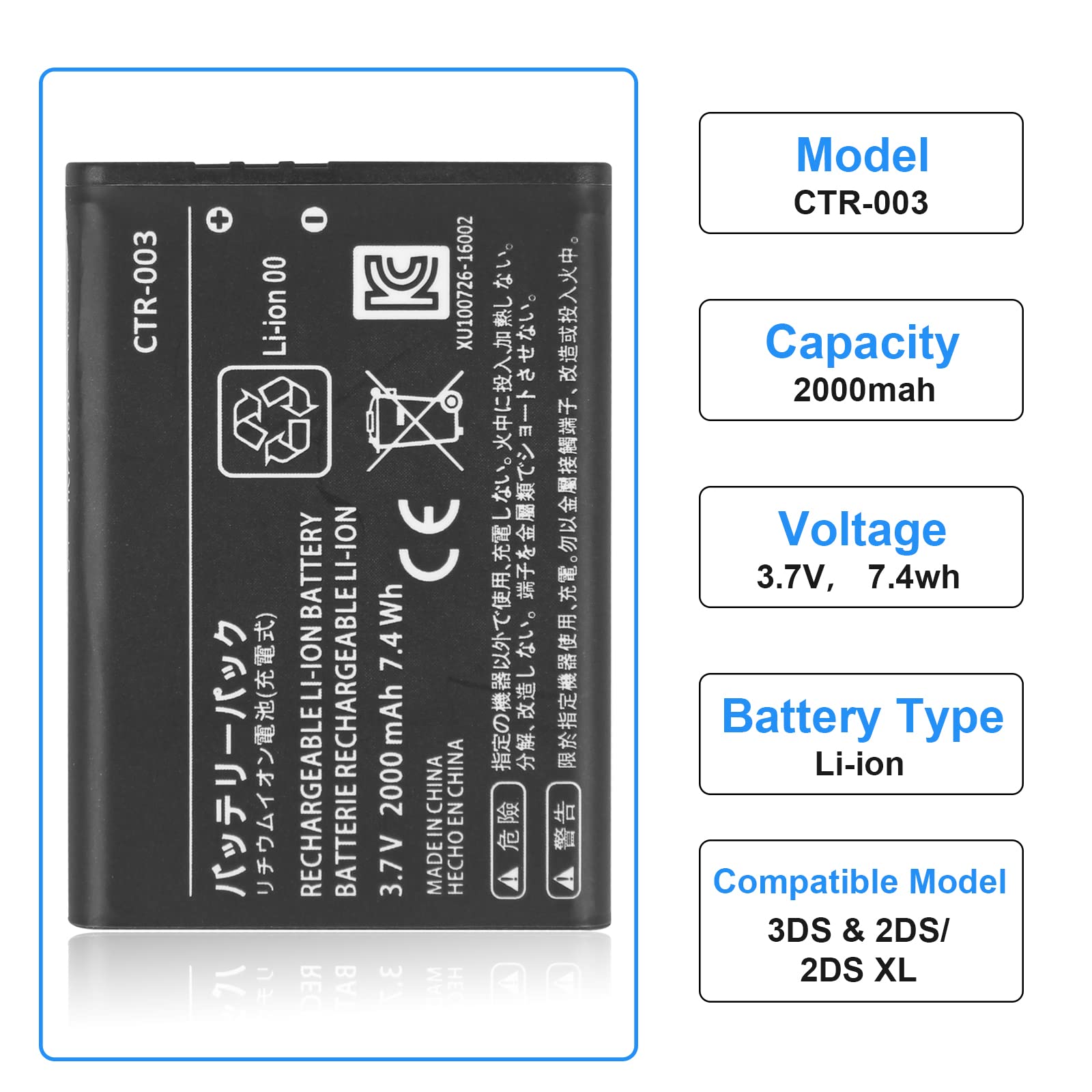 TAYUZH CTR-003 Battery for Nintendo 2DS 3DS Old 3DS New 2DS Game Console CTR-001, 2000mAh Li-ion Replacement Battery (Not Compatiable with New 3DS 3DS XL/LL) with Repair Tool