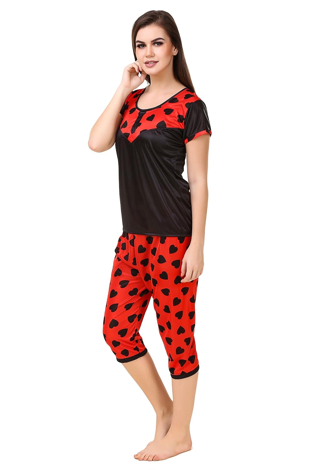 masha women's satin printed night suit (capri)