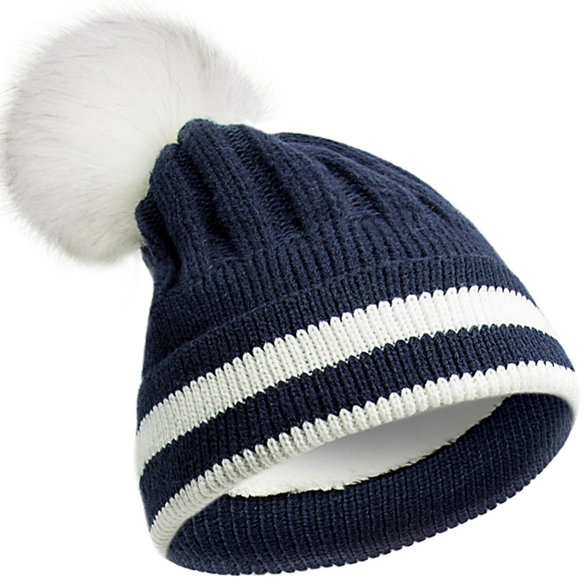 EVRFELAN Pom Pom Cotton Beanie Winter Hat Knitted Thick Warm Cute Caps Women Girls (Navy blue)