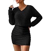 Oakgarden Women's Pullover Sweater Dress Long Lantern Sleeve Ribbed Knit V Neck Ruched Bodycon Mini Dress 2025 Fashion