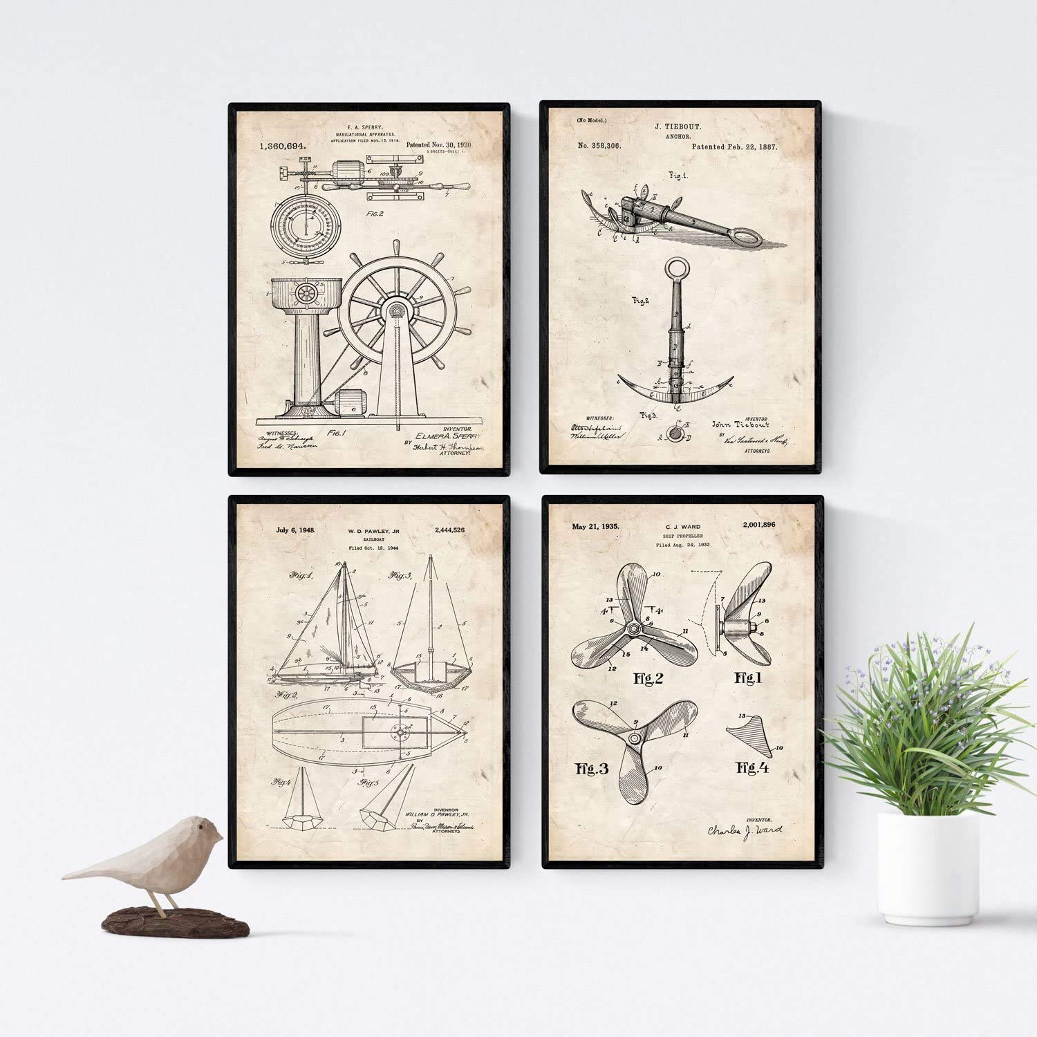 Nacnic Vintage - Pack of 4 Boat Patent Sheets Ancient Patent and Invention Poster Set Choose your favourite colour. A3 Size.