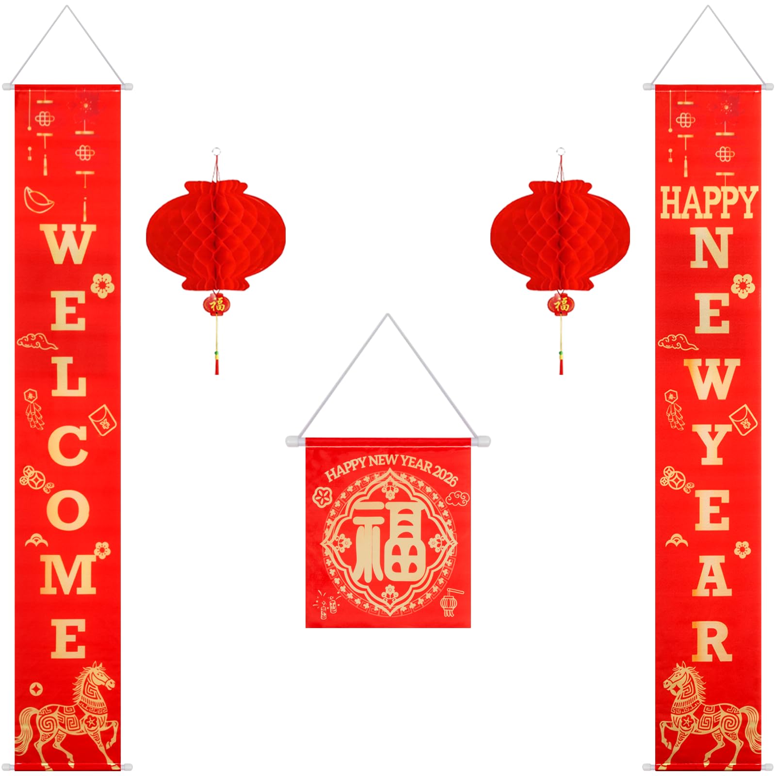 Photo 1 of 2026 Chinese New Year Decorations, 5 Pcs Chinese New Year Banner Set, Includes 2 Banners, Fu Character Ornament, 2 Red Paper Lanterns for Spring Festival Porch Sign, Indoor Outdoor Party Supplies
