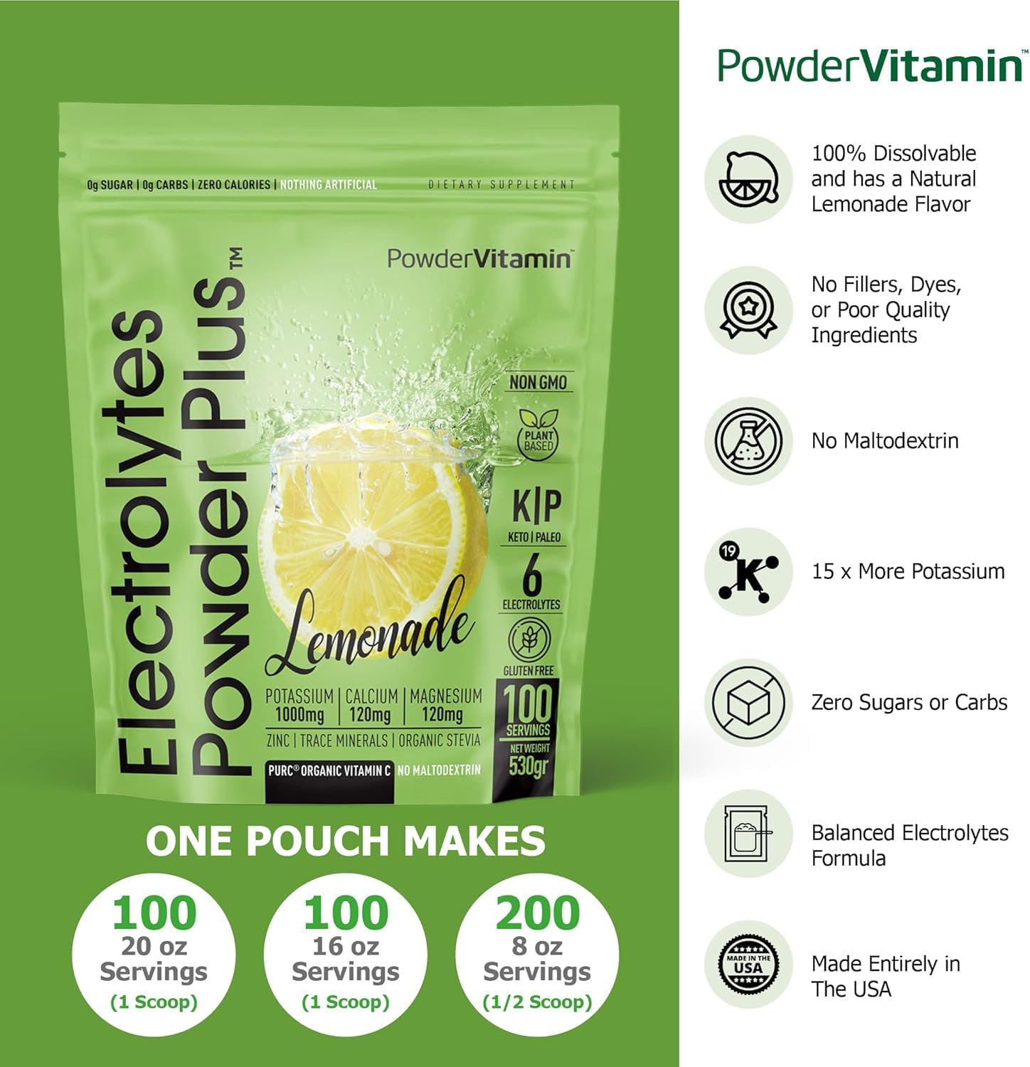 Electrolytes Powder Plus Keto, Lemonade (100 Servings) 0 Sugar, No Maltodextrin,1000mg Potassium,120mg Calcium,120mg Magnesium,Organic Vitamin C,Zero Calories, Energy Hydration Powder
