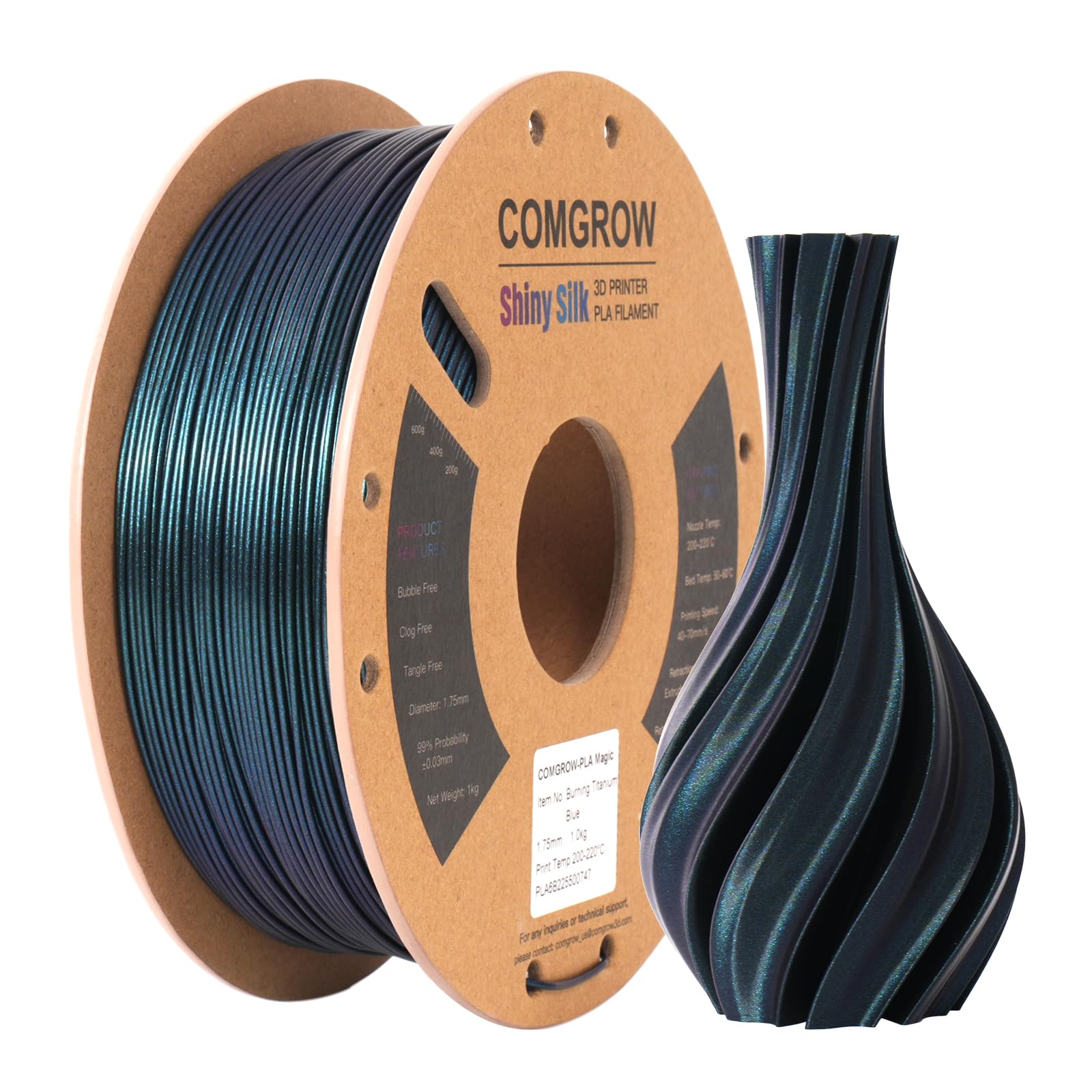 Photo 1 of Comgrow 3D Printer Filament, Silk PLA Filament 1.75mm Burnt Titanium 1KG (2.2LBS), Dimensional Accuracy +/- 0.02 mm, Color Changeable 3D Printing Filament Changing Colors with Light