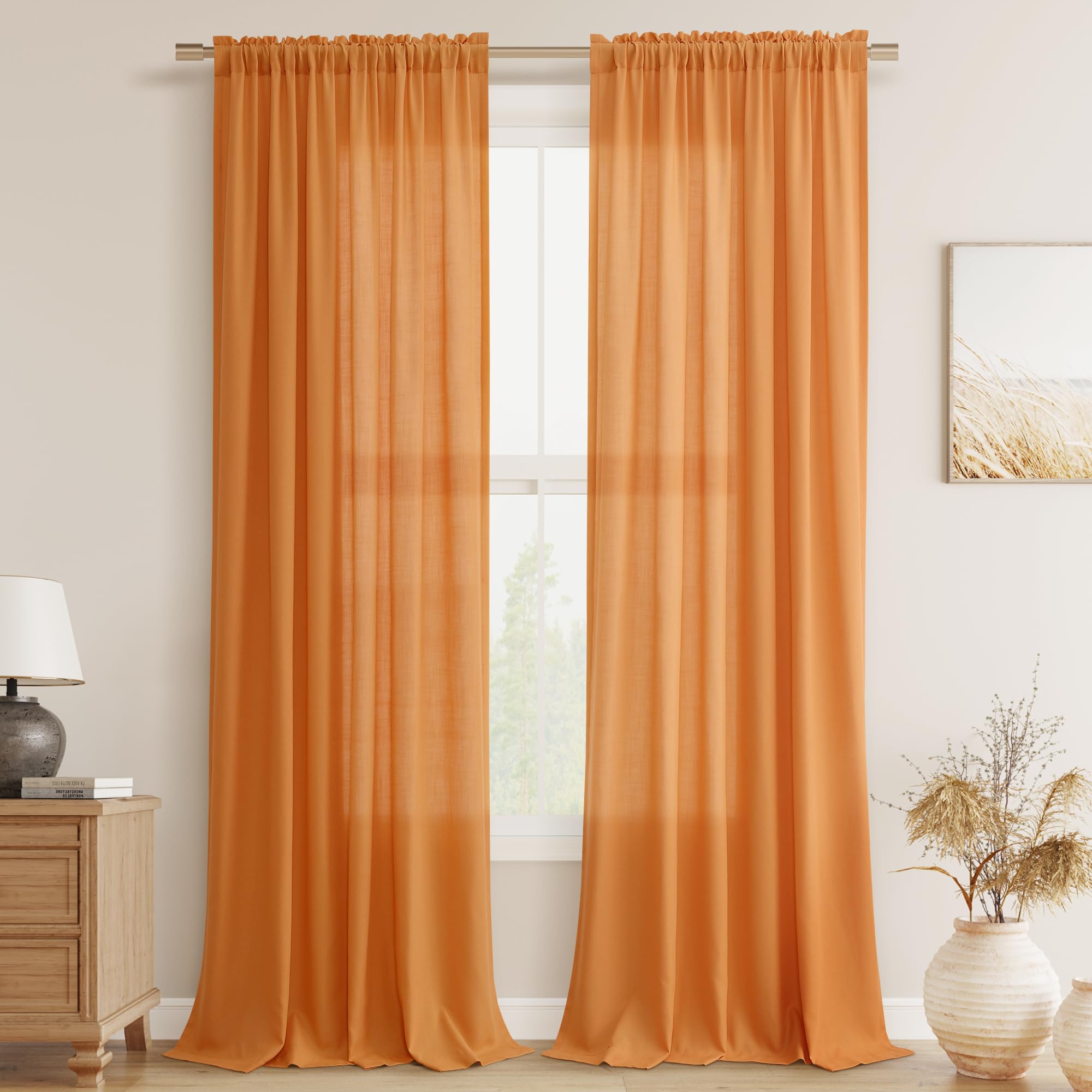 Guken Orange Linen Curtains 102 Inch Length for Living Room Bedroom 2 Panels Set Rod Pocket Light Filtering Semi Sheer Window Curtains 52 Inch Width Boho Farmhouse Linen Drapes, W52xL102 Image