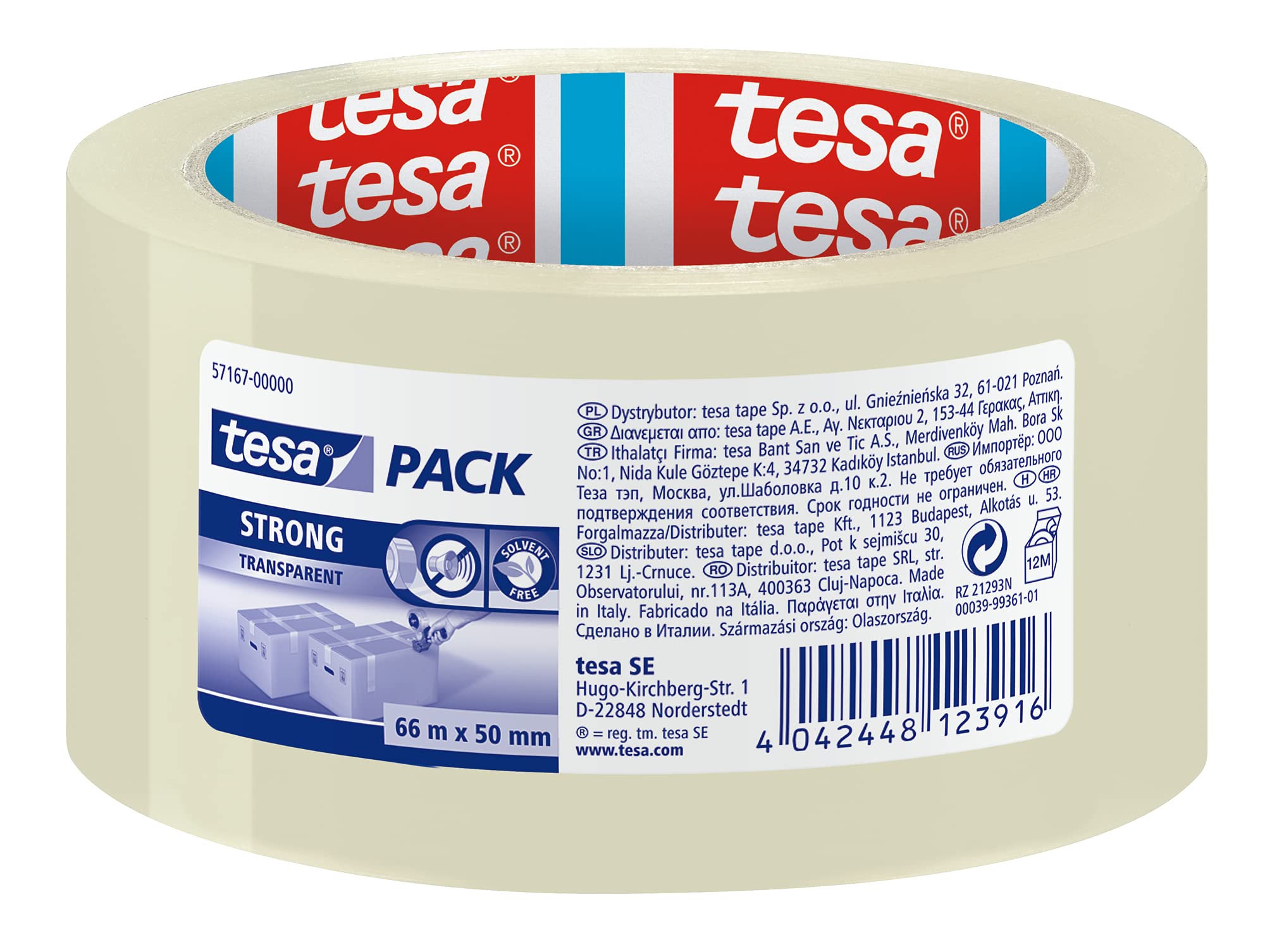tesapack Packing Tape, Strong Packaging Tape for Medium to Heavy Parcels and Boxes, 66 m x 50 mm - Clear