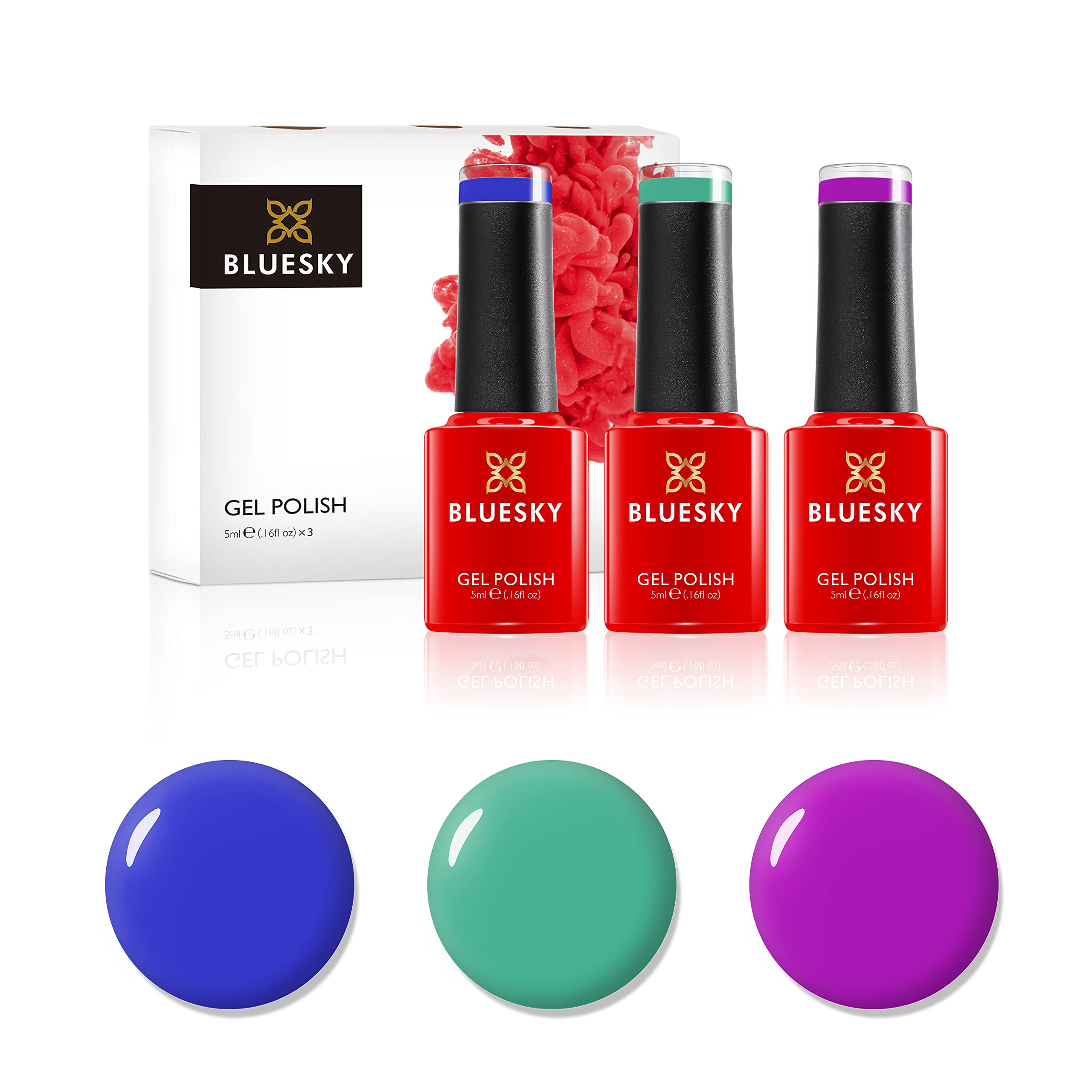 Bluesky Gel Nail Polish Set, Percipitation Dc112, Blue Eyeshadow 80639, Purple Pleasure Neon28, Green, Turquoise, Rainbow Unicorn, 3 x 5 ml (Requires Curing Under UV or LED Lamp)