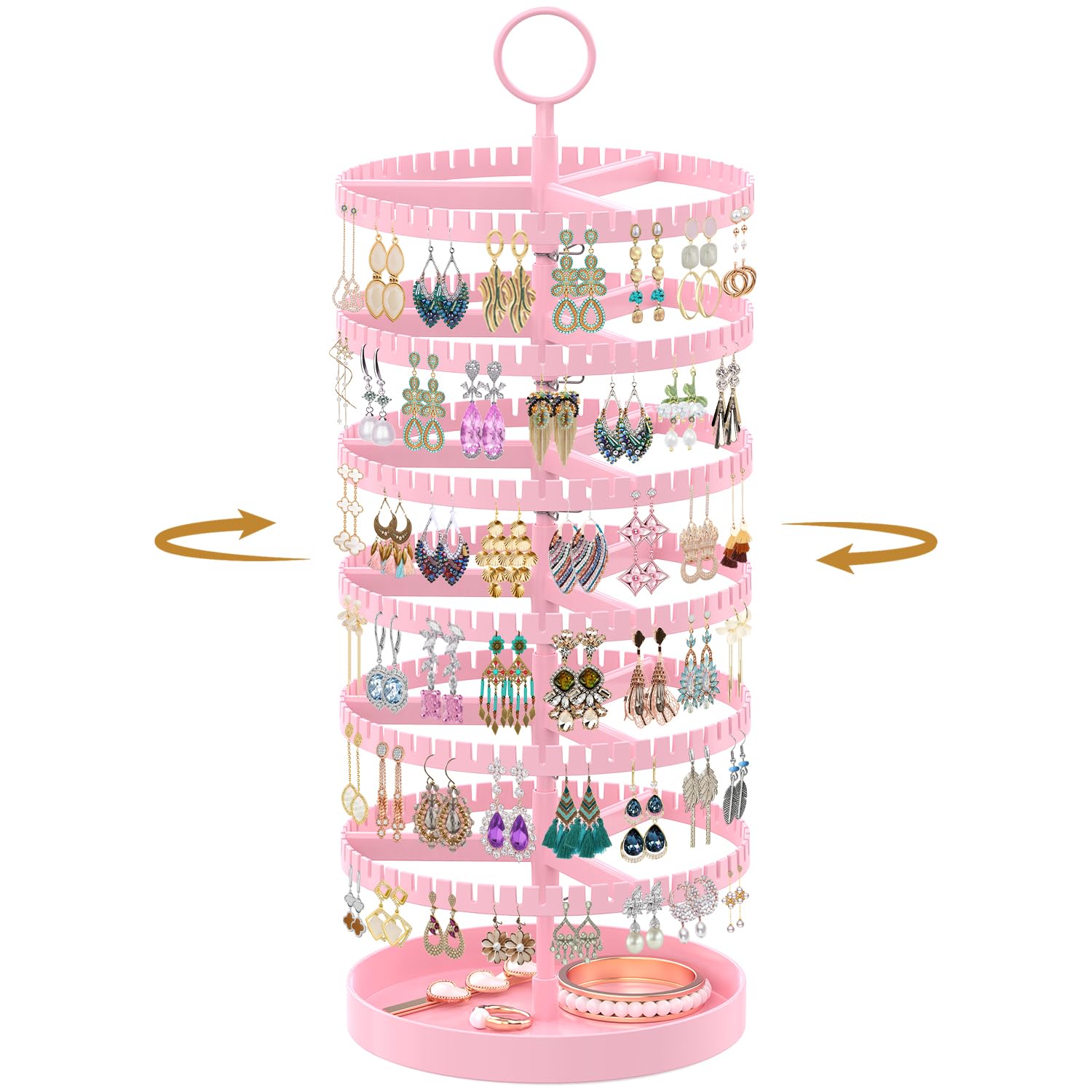 Photo 1 of MODOWEY Rotating Earring Holder Organizer Display Tree with Metal Tray, Adjustable Plastic Stand with Slots for Stud Hoop Hanger, Large Capacity Storage Rack for Women (6 Tier, Pink)