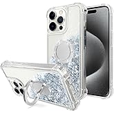 WORLDMOM for iPhone 15 Pro Max Case,Bling Moving Liquid Floating Sparkle Colorful Glitter Waterfall TPU Protective Case with Rotation Ring Kickstand 6.7 inch, Silver