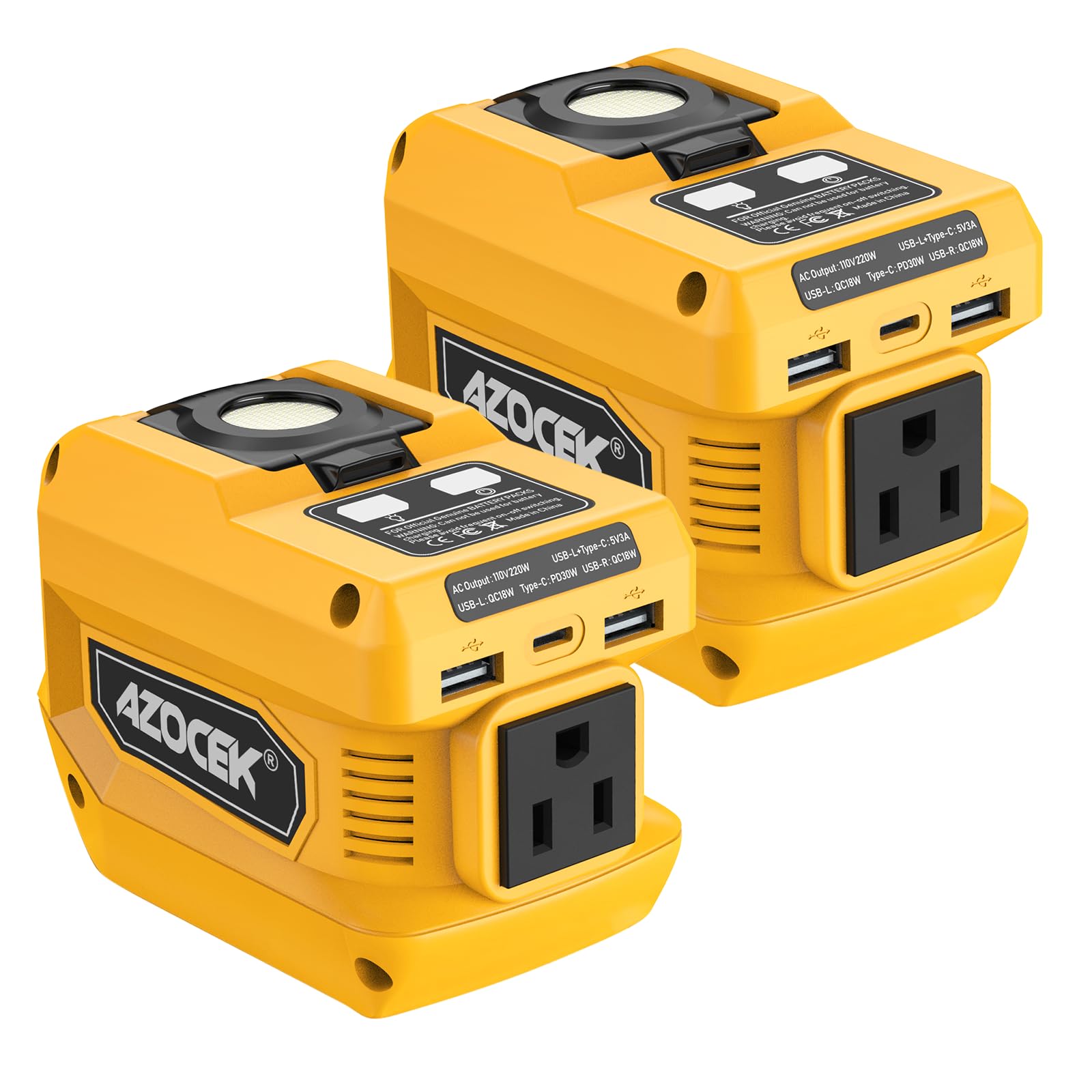 Photo 1 of 220W Power Inverter Compatible with Dewalt 20V Battery, DC 20V to AC 110V Portable Power Station with 1 AC Outlet, 2 USB Ports & 1 Type-C Fast Charging, 400LM LED Work Light (2-Pack)