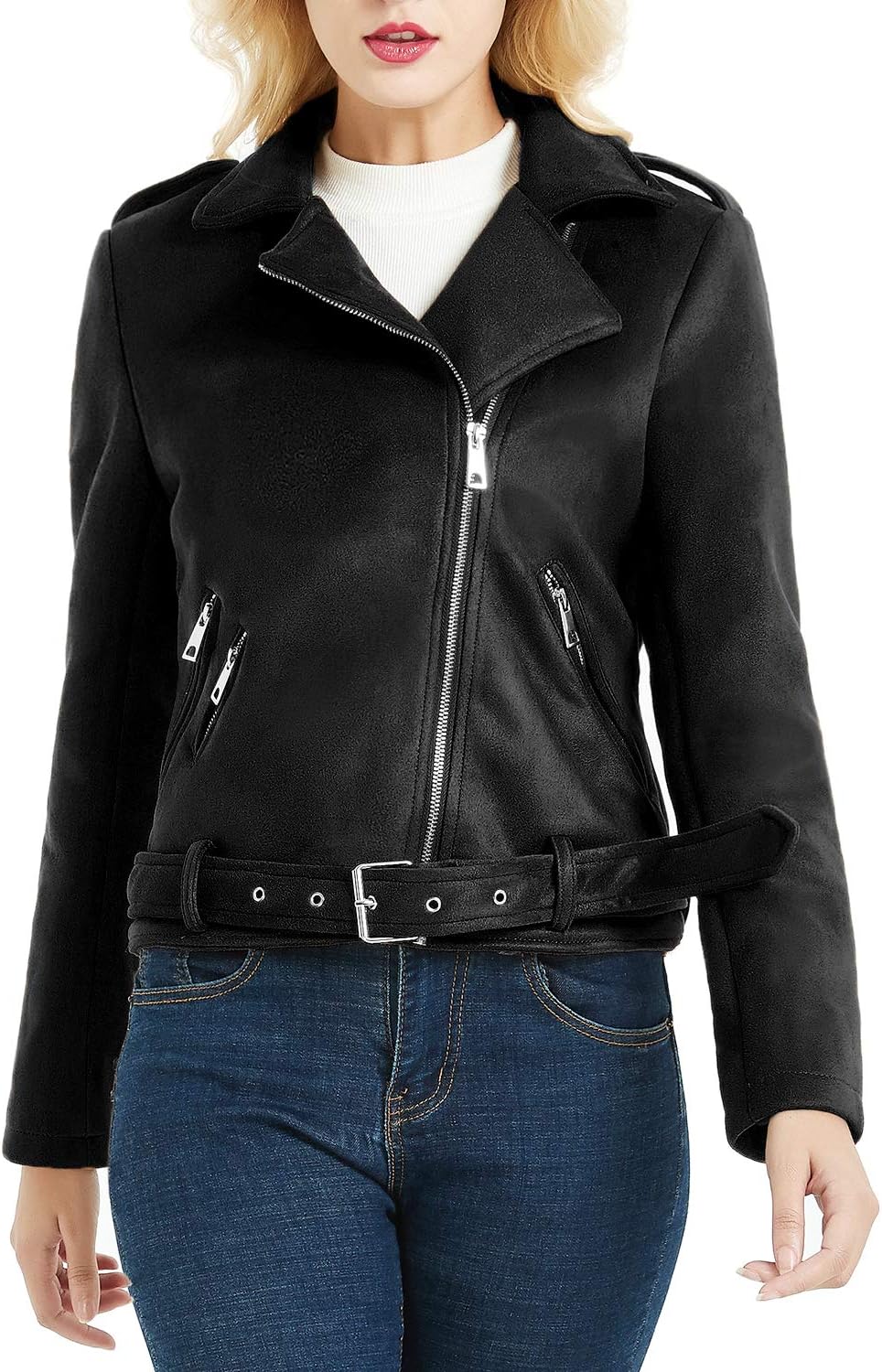 Women's PU Leather Jacket, Moto Biker Jacket with Zip Pockets, Vintage Short Coat for Autumn, Spring
