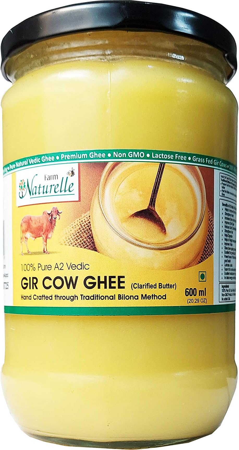 Farm Naturelle-A2 Desi Cow Ghee from Grass Fed Gir Cows,Vedic Bilona Method-Curd Churned-Golden, Grainy & Aromatic, Keto Friendly, Lab Tested, Non-GMO, Glass Jar-600ml