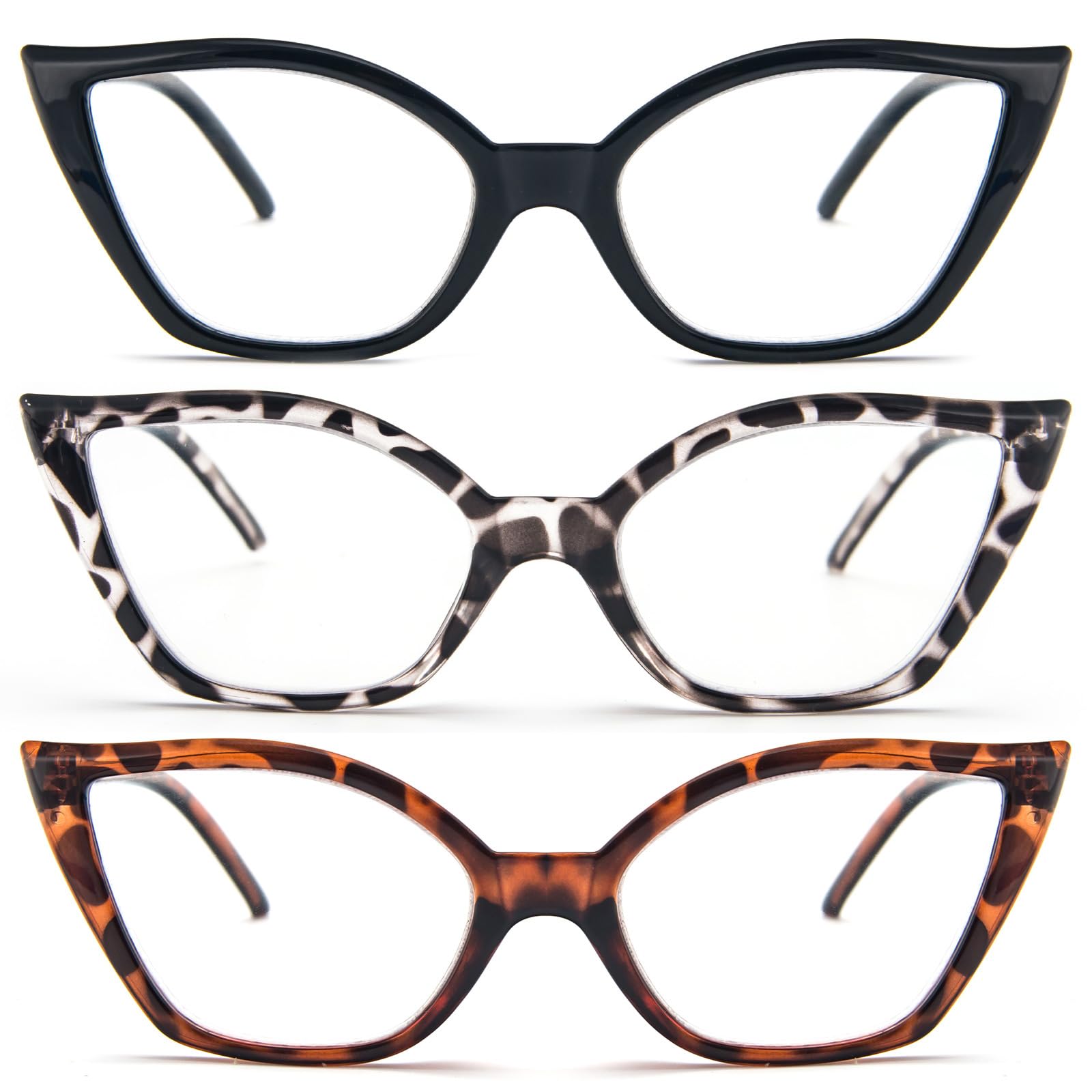 MMOWW 3 Pack Reading Glasses Cat-Eye Readers Frame for Women, Fashion Blue Light Blocking Glasses with Spring Hinges +1.75