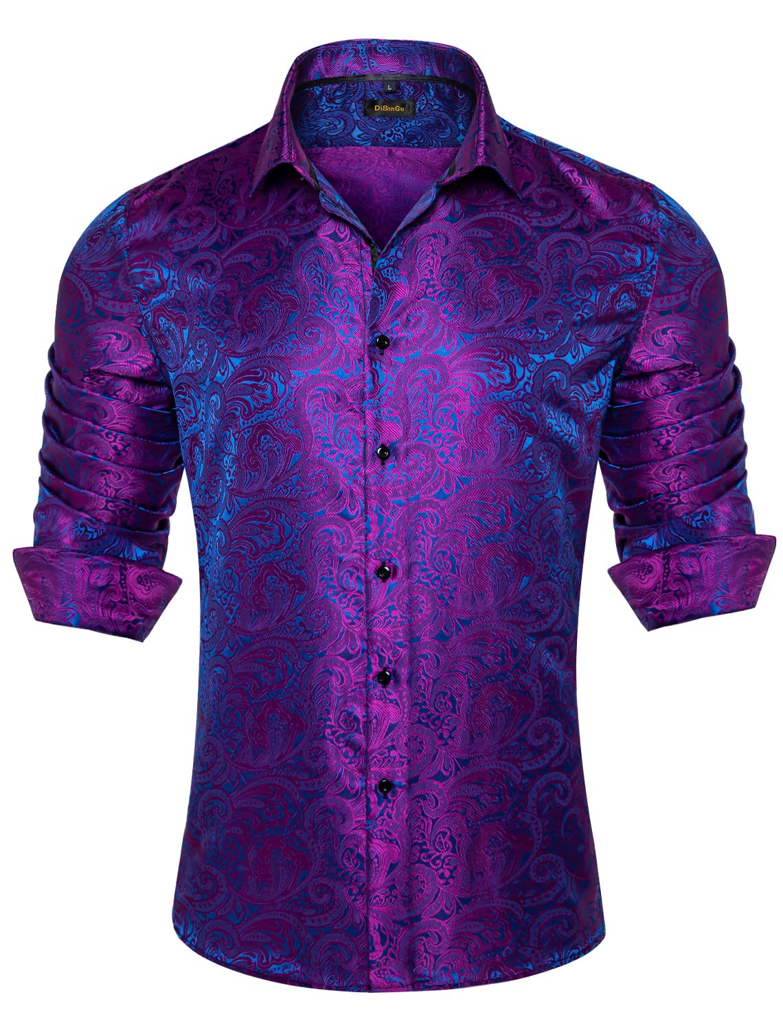 DiBanGu Mens Silk Paisley Dress Shirts,Long Sleeve Button Down Shirt Casual Regular Fit Shirt for Men Wedding Party, Purple and Blue, 3X-Large Image
