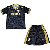 ARZA Youth Mexico‑Inspired Soccer Fan Kit – Black and Gold Aztec Calendar Jersey with Matching Shorts, Sublimated