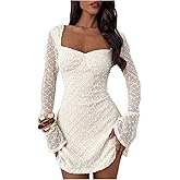 GORGLITTER Women's Bell Long Sleeve Mesh Mini Dress Swiss Dots Square Neck Wedding Guest Party Graduation Dresses