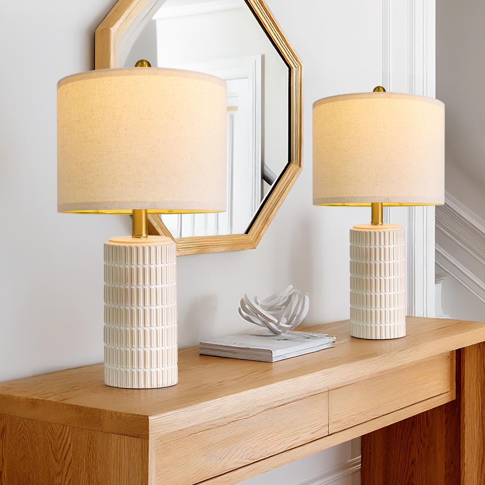 Photo 1 of PoKat 20.75" Small Modern Ceramic Table Lamps Set of 2 for Bedroom, White Bedside Lamps for Night Stands, Farmhouse Desk Decor Nightstand Table Lamps for Living Room End Table Beige