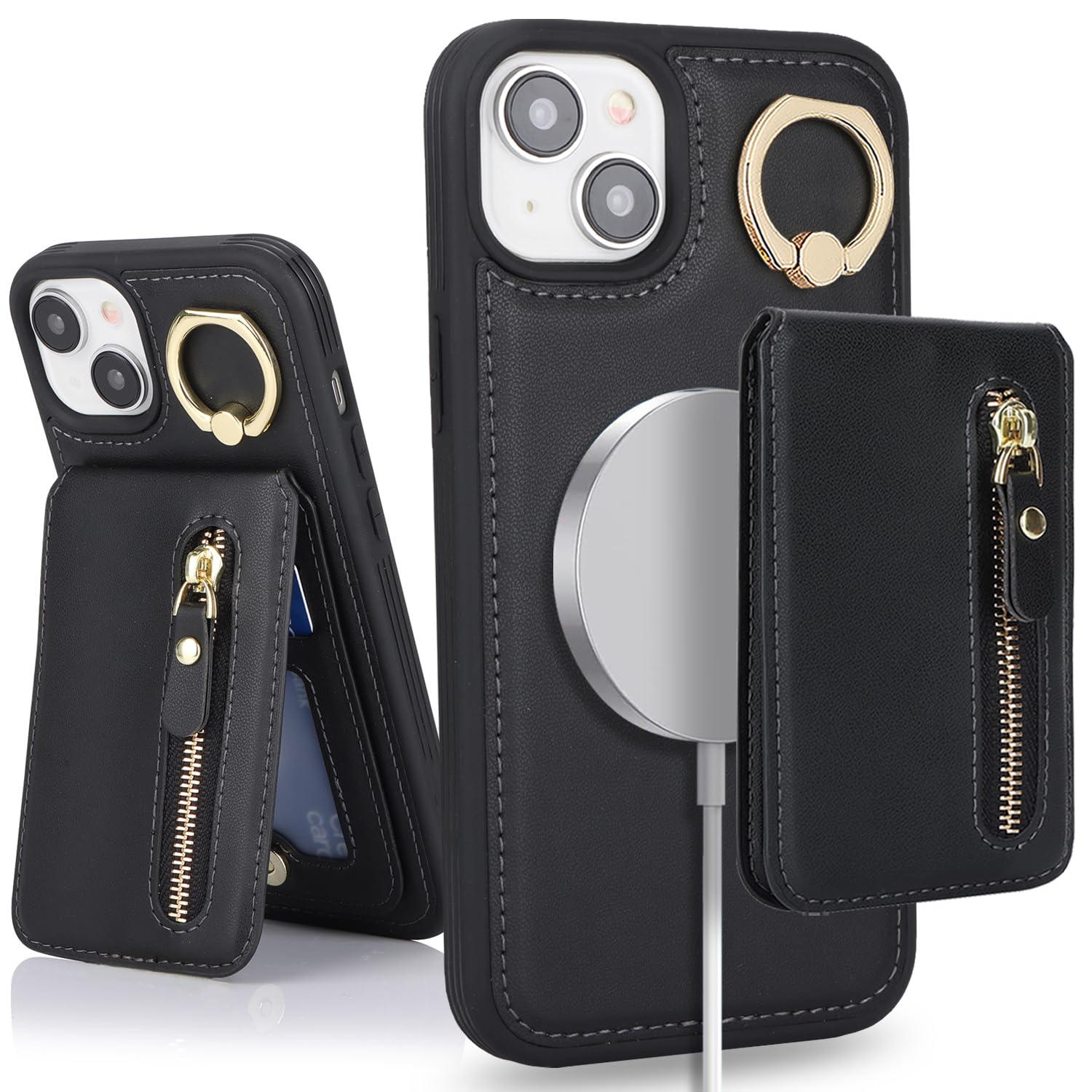 DEYHU for iPhone 13 Phone case with Card Holder with Compatible magsafe Magnetic, Key Chain PU Leather Flip Kickstand Detachable 2-in-1 Wallet case for Apple13 Women Men-Black