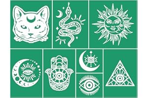 JAJADO Silk Screen Stencils Evil Eye Celestial Cat Mgaic Sun Moon Humsa Reusable Self-Adhesive Screen Printing Stencils for Painting on T-Shirt, Wood, Canvas, Mug, Boho Wall DIY Home Decor