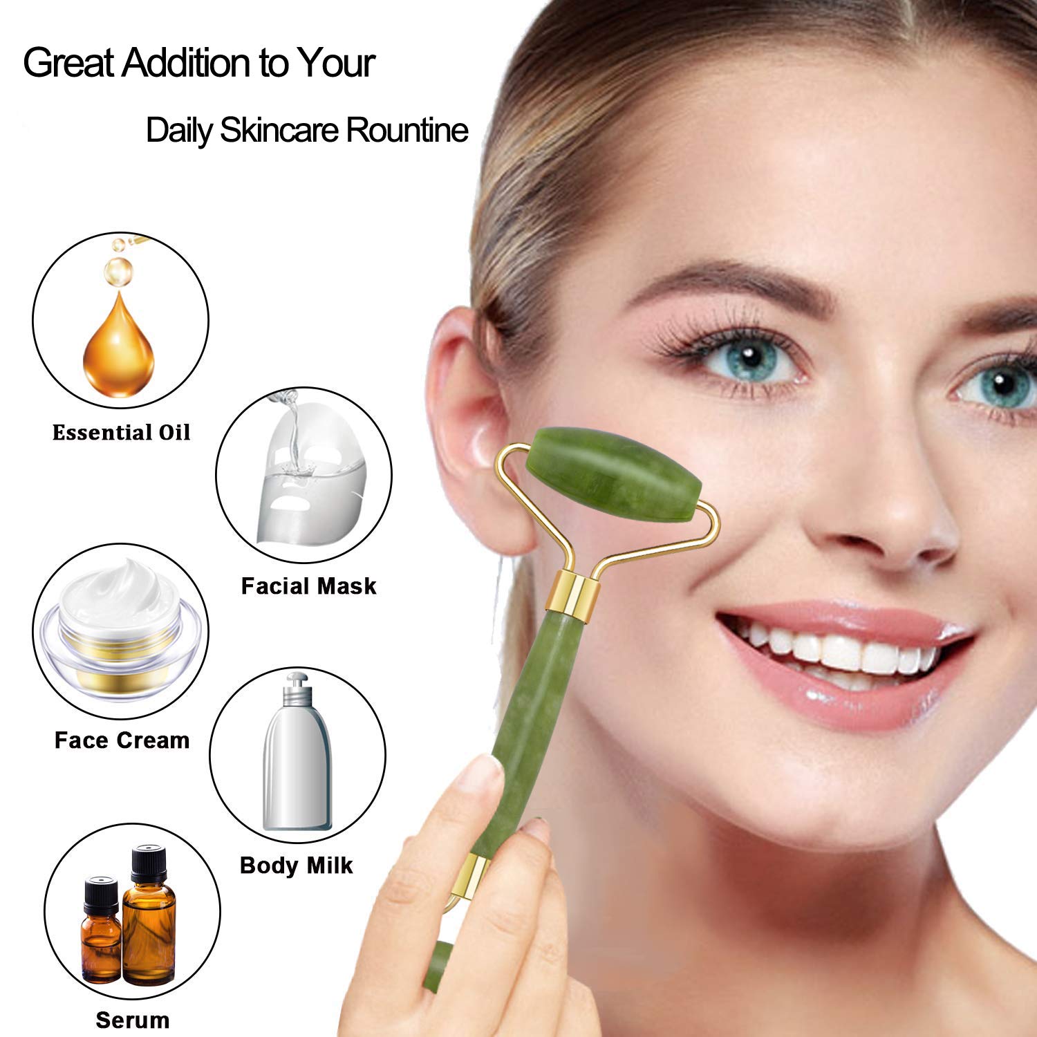 Jade Roller & Gua Sha Scraper for Face Massage - 3 in 1 Facial Jade Stone Set for Anti-aging, Slimming & Firming - 100% Real Natural Face Eye Neck Roller - Anti Wrinkle Facial Skin Massager