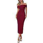 PRETTYGARDEN Summer Dresses for Women Formal Off The Shoulder Midi Bodycon Ribbed Knit Spring Wedding Guest Dress