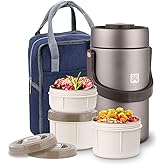 GOLDEN KEY 87oz Thermo for Hot Food Adult, Stainless Vacuum-Insulated Wide Mouth Large Food Thermo with 3 Stackable Storage Container Inserts and Lunch Bag,Hot & Cold Soup Insulated Food Jars