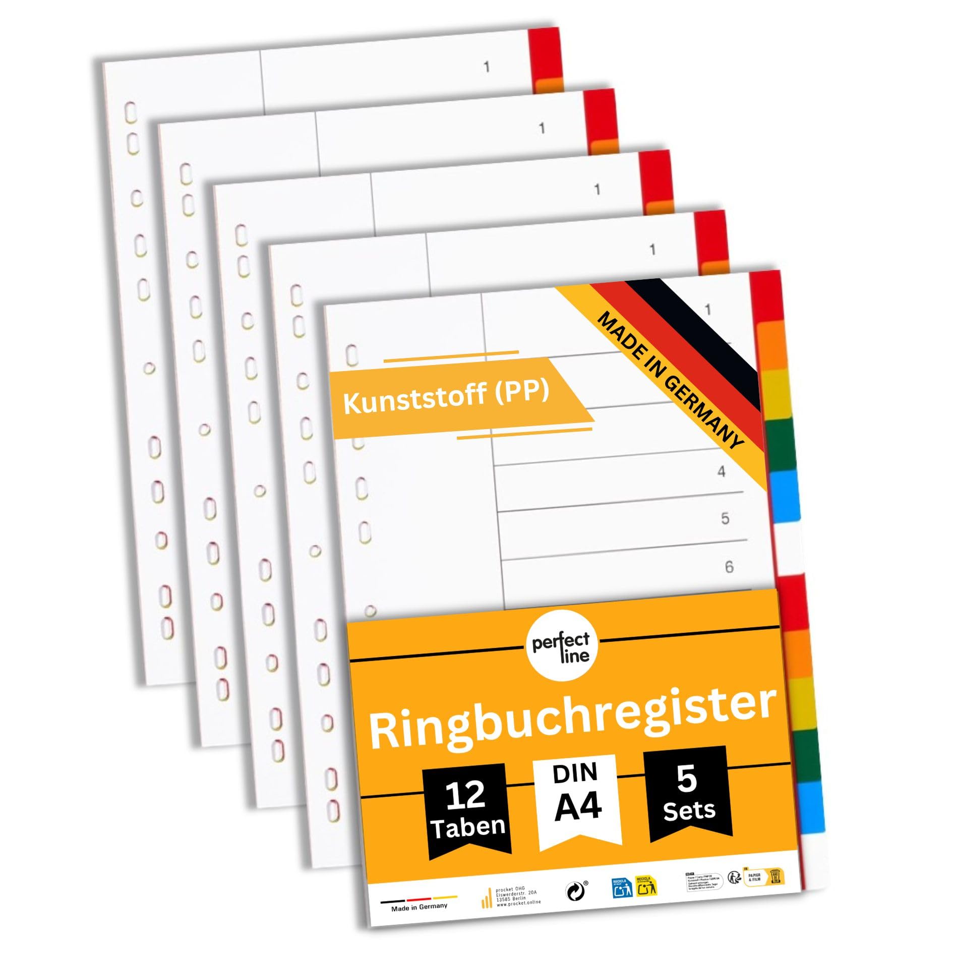 perfect line Plastic File dividers A4, Folder dividers for Lever Arch Files, 12-piece, Set of 5, PP Synthetic, Made in Germany