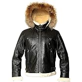 RSH LeatherCraft Men B3 Bomber Real Shearling Aviator Black Sheepskin Leather Pilot Flight Jacket Removable Hood