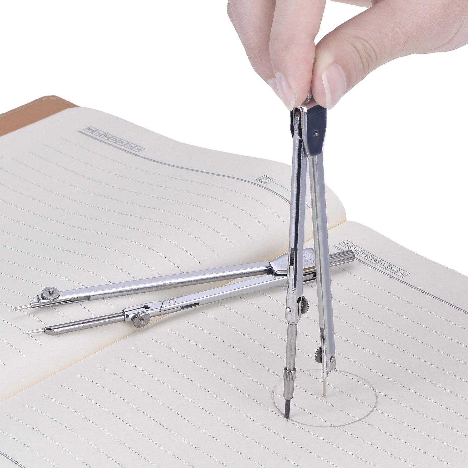 Stainless Steel Drawing Compass Math Geometry Tools for Circles, Total 5 Pieces (Included Box