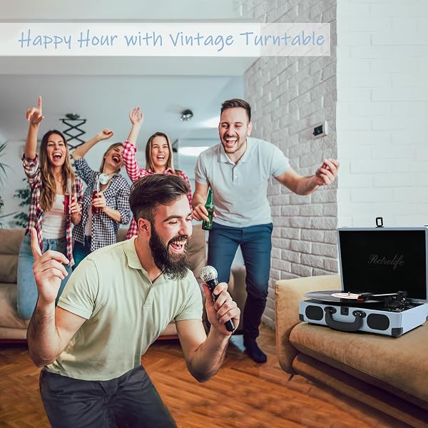 PORTABLE SUITCASE RECORD PLAYER, 3-SPEED BELT-DRIVEN VINYL TURNTABLE WITH BLUETOOTH, BUILT-IN SPEAKERS, RCA LINE OUT, AUX, HEADPHONE JACK, VINTAGE HAZE BLUE