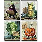 QPOKLAF Vegetables Wall Art Canvas Prints Funny Kitchen Wall Decor,Food Art Posters Dining Room Aesthetics Decorations Set of 4 (8x10 inches,Unframed)