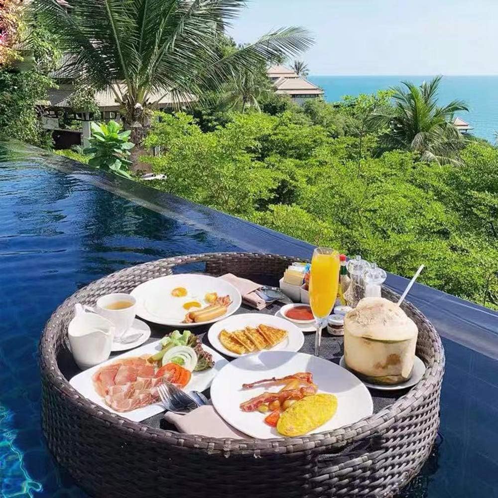 TRAACEM Customized Rattan Pool Dining Tray, Round Square Heart Shape,B