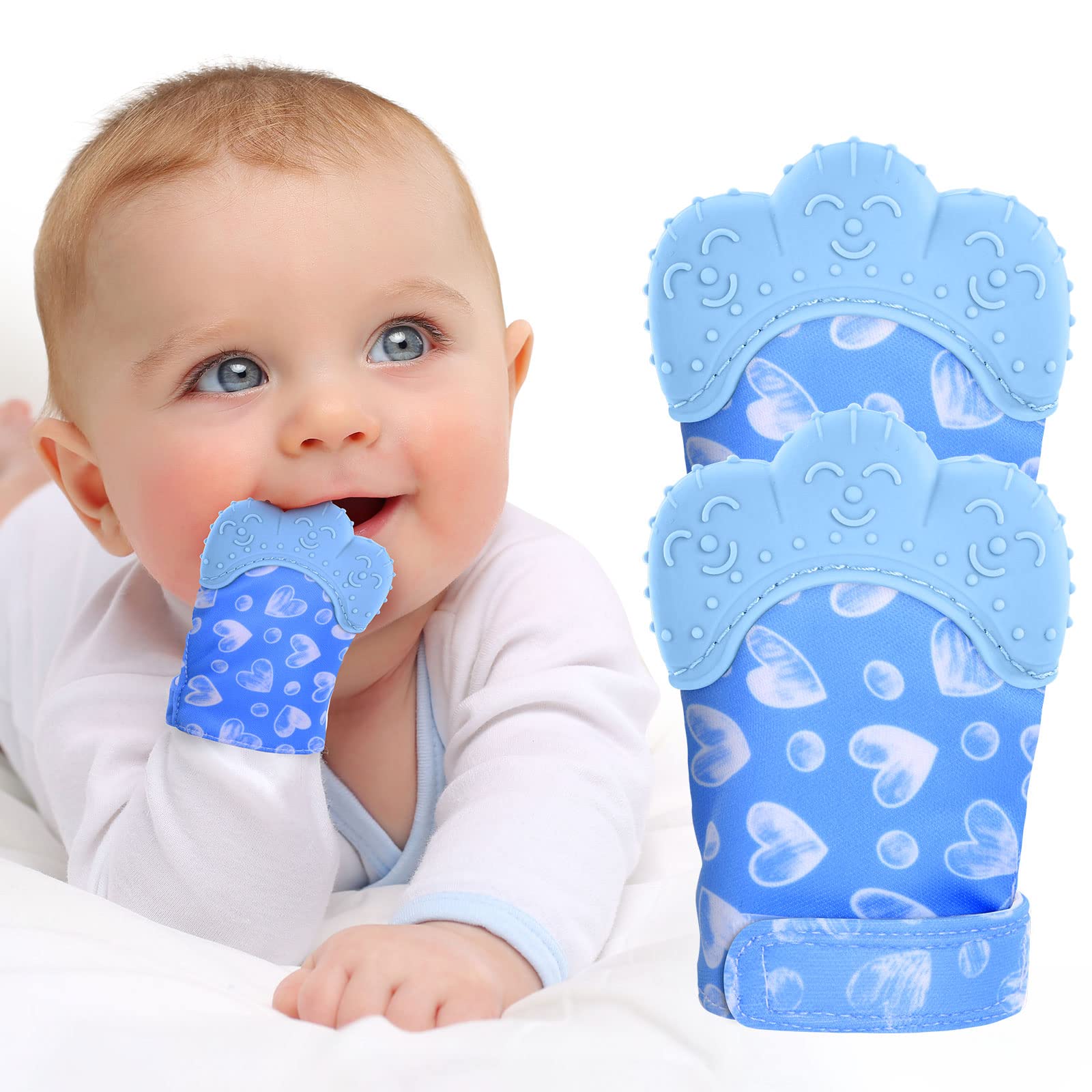Vicloon Baby Teething Set, 2 Pack Teething Mittens for Baby, Includes 2 Silicone Mitten Teether Glove, Teething Glove, Infant Soothing Pain Relief Mitt Baby Teether Mits for Baby（Blue）