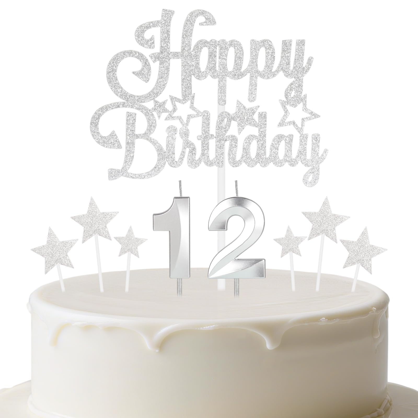 mciskin Silver Birthday Candles Set,Girl Boy 12th Birthday Decorations,Number 12 Candle for Cake,Silver Candles Cake Toppers with Star for Girls Boys Birthday Party Anniversary Decorations