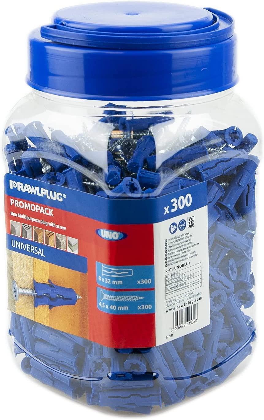 Rawlplug Uno Universal Screws and Wall Plugs Set 8 mm Blue | Screws and Rawl Plugs for Plasterboard Masonry Brick Concrete | Solid Wall Plug Anti Rotation Features | Plasterboard Fixings Jar of 300